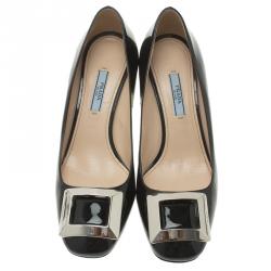 Pre Owned Prada Black Patent Leather Buckle Block Heel Pumps Size 38.5