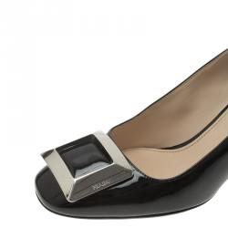 Pre Owned Prada Black Patent Leather Buckle Block Heel Pumps Size 38.5