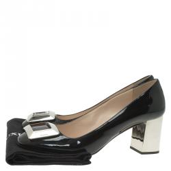 Pre Owned Prada Black Patent Leather Buckle Block Heel Pumps Size 38.5