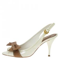 Pre Owned صندل برادا فتحة كعب فيونكة جلد ثنائي اللون مقاس 37