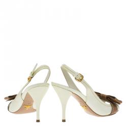 Pre Owned صندل برادا فتحة كعب فيونكة جلد ثنائي اللون مقاس 37