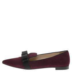 Pre Owned Prada Burgundy Suede Pointed Bow Ballet Flats Size 37