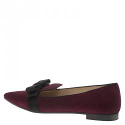 Pre Owned Prada Burgundy Suede Pointed Bow Ballet Flats Size 37