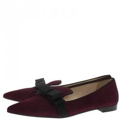 Pre Owned Prada Burgundy Suede Pointed Bow Ballet Flats Size 37