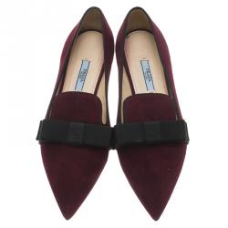 Pre Owned Prada Burgundy Suede Pointed Bow Ballet Flats Size 37