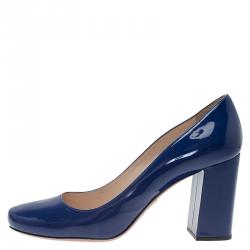 Pre Owned Prada Navy Blue Patent Square Toe Block Heel Pumps Size 40.5