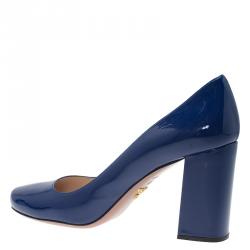 Pre Owned Prada Navy Blue Patent Square Toe Block Heel Pumps Size 40.5