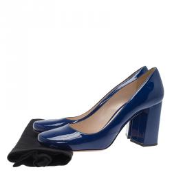 Pre Owned Prada Navy Blue Patent Square Toe Block Heel Pumps Size 40.5