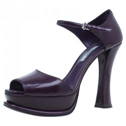 Pre Owned Prada Purple Leather Ankle Strap Platform Sandals Size 39.5