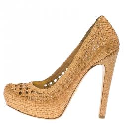 Pre Owned Prada Brown Woven Leather Madras Platform Pumps Size 36.5