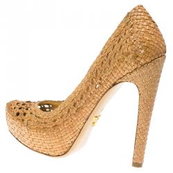 Pre Owned Prada Brown Woven Leather Madras Platform Pumps Size 36.5