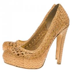 Pre Owned Prada Brown Woven Leather Madras Platform Pumps Size 36.5