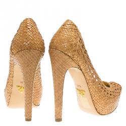Pre Owned Prada Brown Woven Leather Madras Platform Pumps Size 36.5