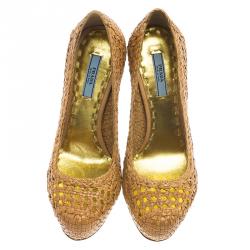 Pre Owned Prada Brown Woven Leather Madras Platform Pumps Size 36.5