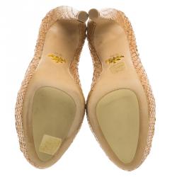 Pre Owned Prada Brown Woven Leather Madras Platform Pumps Size 36.5