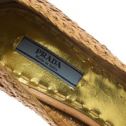 Pre Owned Prada Brown Woven Leather Madras Platform Pumps Size 36.5