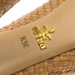 Pre Owned Prada Brown Woven Leather Madras Platform Pumps Size 36.5