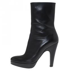 Pre Owned Prada Black Leather Platform Ankle Boots Size 35.5