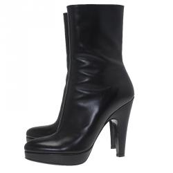 Pre Owned Prada Black Leather Platform Ankle Boots Size 35.5