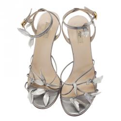 Prada Silver Leather Leaf Strappy Sandals Size 37.5