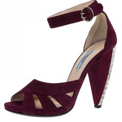 Pre Owned Prada Burgundy Suede Crystal Heel Ankle Strap Sandals Size 39 