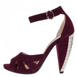 Pre Owned Prada Burgundy Suede Crystal Heel Ankle Strap Sandals Size 39 