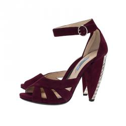 Pre Owned Prada Burgundy Suede Crystal Heel Ankle Strap Sandals Size 39 