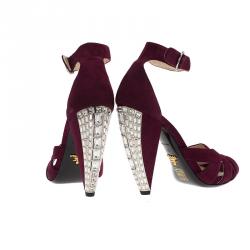 Pre Owned Prada Burgundy Suede Crystal Heel Ankle Strap Sandals Size 39 