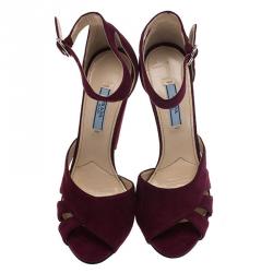 Pre Owned Prada Burgundy Suede Crystal Heel Ankle Strap Sandals Size 39 