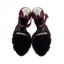 Pre Owned Prada Burgundy Suede Crystal Heel Ankle Strap Sandals Size 39 