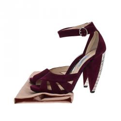 Pre Owned Prada Burgundy Suede Crystal Heel Ankle Strap Sandals Size 39 