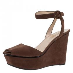 Prada Brown Suede Ankle Strap Platform Wedge Sandals Size 39