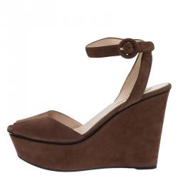 Prada Brown Suede Ankle Strap Platform Wedge Sandals Size 39