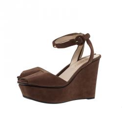 Prada Brown Suede Ankle Strap Platform Wedge Sandals Size 39