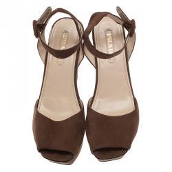 Prada Brown Suede Ankle Strap Platform Wedge Sandals Size 39