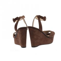 Prada Brown Suede Ankle Strap Platform Wedge Sandals Size 39