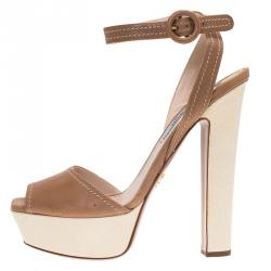 Pre Owned Prada Beige Leather Platform Block Heel Ankle Strap Sandals Size 39