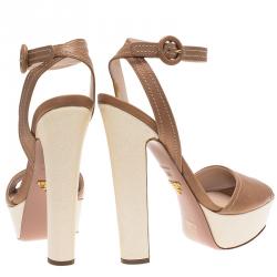 Pre Owned Prada Beige Leather Platform Block Heel Ankle Strap Sandals Size 39