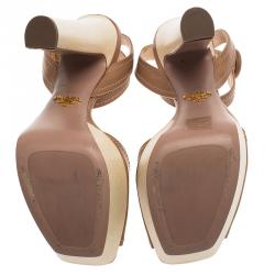 Pre Owned Prada Beige Leather Platform Block Heel Ankle Strap Sandals Size 39