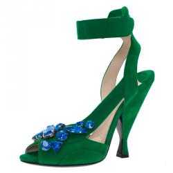 Pre Owned Prada Green Suede Jeweled Ankle Strap Sandals Size 39