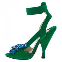 Pre Owned Prada Green Suede Jeweled Ankle Strap Sandals Size 39