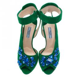 Pre Owned Prada Green Suede Jeweled Ankle Strap Sandals Size 39
