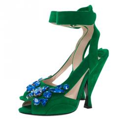 Pre Owned Prada Green Suede Jeweled Ankle Strap Sandals Size 39