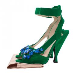 Pre Owned Prada Green Suede Jeweled Ankle Strap Sandals Size 39