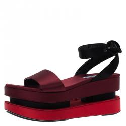 Pre Owned Prada TriColor Satin Merlot and Poppy Dual Platform Ankle Strap Sandals Size 39