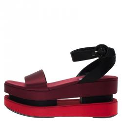 Pre Owned Prada TriColor Satin Merlot and Poppy Dual Platform Ankle Strap Sandals Size 39