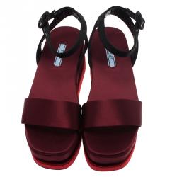 Pre Owned Prada TriColor Satin Merlot and Poppy Dual Platform Ankle Strap Sandals Size 39