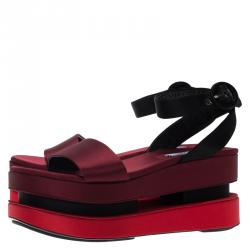 Pre Owned Prada TriColor Satin Merlot and Poppy Dual Platform Ankle Strap Sandals Size 39