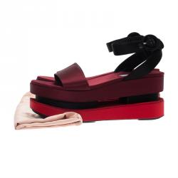 Pre Owned Prada TriColor Satin Merlot and Poppy Dual Platform Ankle Strap Sandals Size 39