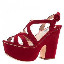 Prada Red Cutout Suede Block Heel Platform Slingback Sandals Size 39